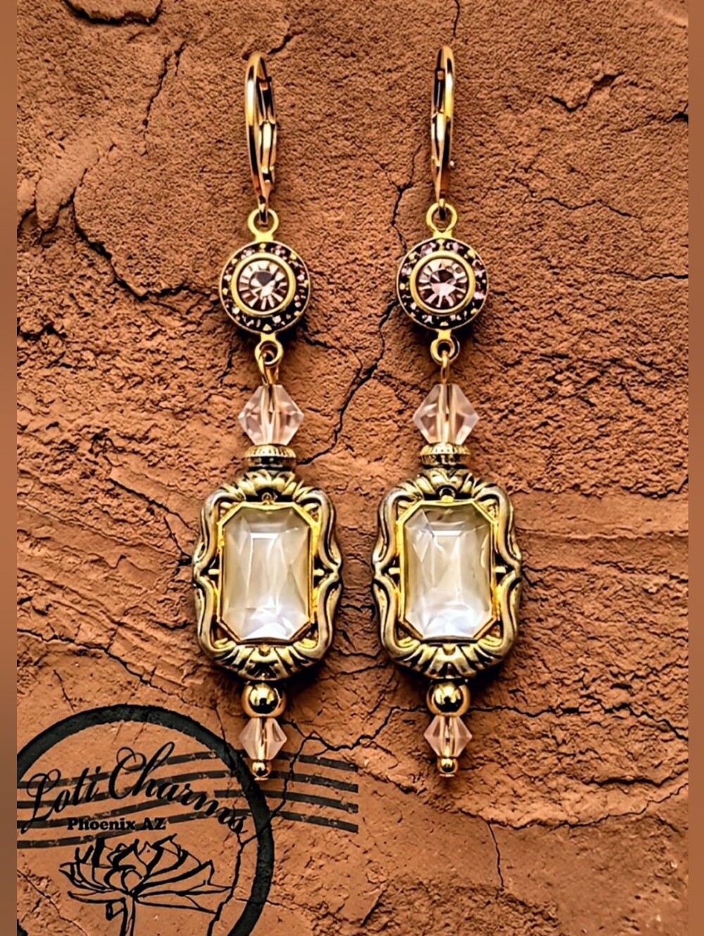 Victorian Pink Flower Crystal & Pink AB In Gold Plated Earrings